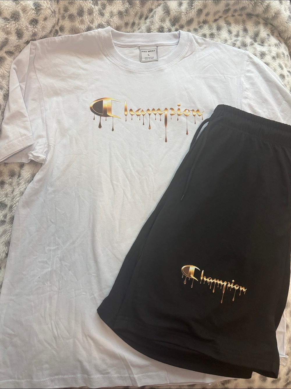 Champion White Tee and Black Shorts with Gold Drip Logo